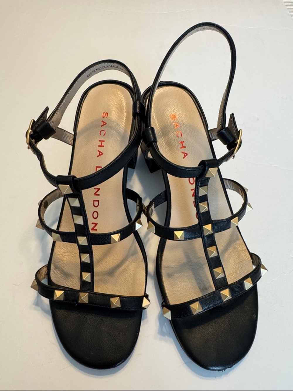 Sacha London Black Studded Leather T-Strap Sandals